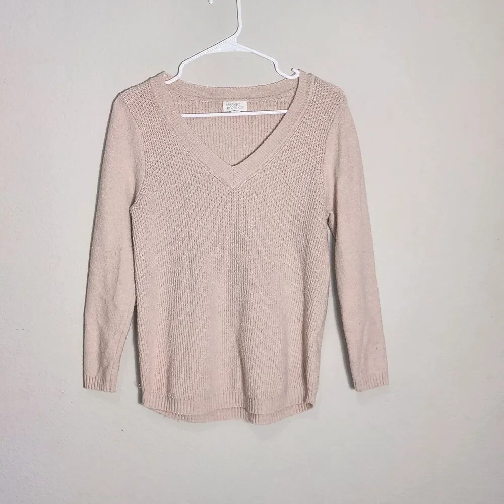 Market & Spruce Women's V Neck Knit Sweater Blush Pink Soft Pullover Small